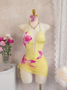 Swim Glamine Bonvoyette 新款女士优雅浪漫粉彩两件式比基尼套装，花卉印花挂脖两件式泳衣，搭配透视网纱罩衫迷你裙，饰以粉紫色百合印花，深V领点缀象牙色/奶油色珍珠，腰部褶皱设计，可调节挂脖肩带，是热带夏季海滩度假、泳池派对和浪漫度假村之旅的完美之选，尽显海岛风情和摩登气息。 - 黃色 - 查看 3