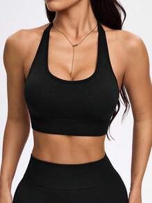 Velisys 3件套无缝针织女士运动文胸，带可拆卸胸垫和后扣 - 黑色 - 查看 2