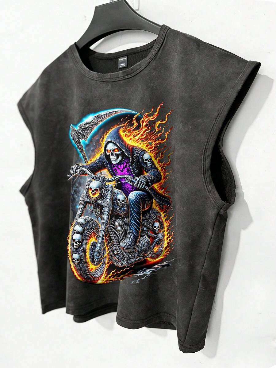 Manfinity EMRG Áo ba lỗ ngắn không tay unisex in hình đầu lâu cưỡi mô tô kiểu vintage, áo tank top phong cách punk rock bụi bặm dành cho lễ hội âm nhạc. - màu đen - Xem 1