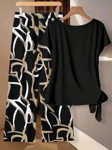 EMERY ROSE Abstract Striped Print Plus Size 2 Pieces Set, Suitable For Vacation Spring - Multicolor - View 2