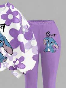 Set de 2 piezas de sudadera de manga larga con cuello redondo de ajuste holgado con estampado floral degradado morado y conejo azul de estilo kawaii para niña, adecuado para otoño/invierno, vuelta al colegio, estilo 2000, ropa Y2K - Multicolor - Ver 4