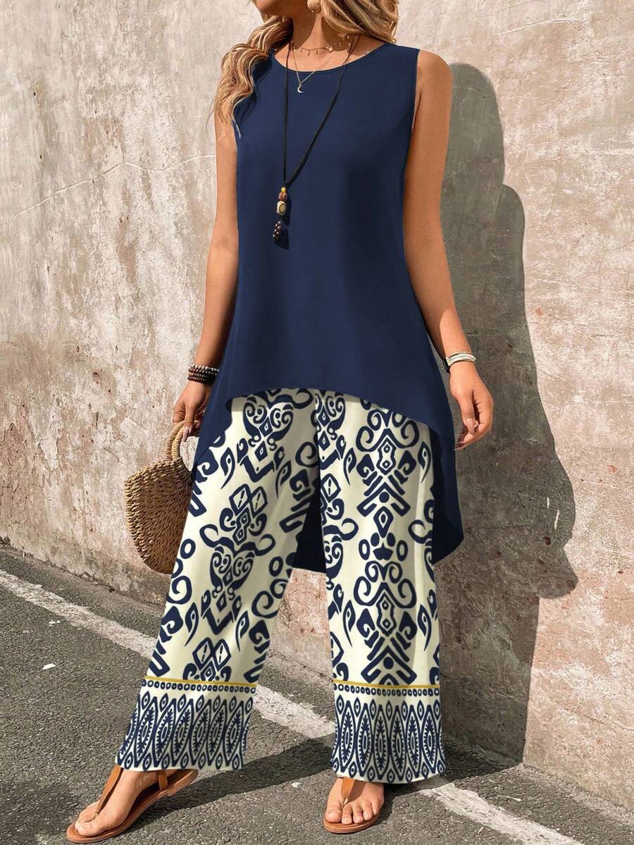 EMERY ROSE 2pcs/Set Women's Vacation Solid Color High-Low Hem Sleeveless Top And All-Over Print Wide Leg Pants Set Vacation Navy Blue Summer Casual - Navy Blue - View 1