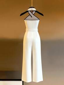 GlowEve Women's Elegant Commuter Halter Wide Leg Jumpsuit, Summer - White - View 2