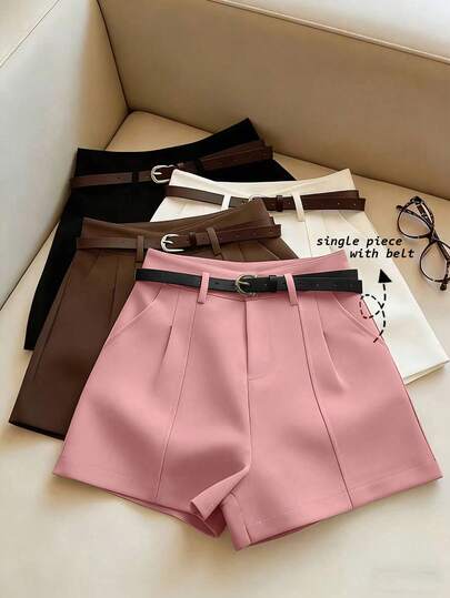 Franclia Pantalones cortos minimalistas de moda francesa, tejidos de unicolor, casuales para ir al trabajo, retro, de cintura alta, con silueta A y pierna ancha, para mujeres