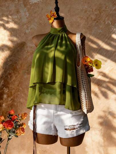 Femesol Yellow Halter Neck Tie Blouse, Elegant Halter Neck Ruffle Hem A-Line Tie Neck Shirt, Light Yellow Casual Office Shirt Halter Neck Backless Blouse For Beach Holiday