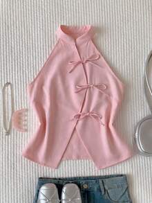 CovetEZ Áo kiểu nữ màu hồng mới, kiểu Trung Quốc, thắt nơ, xẻ tà phía trước, không tay, dễ thương và gợi cảm. - Hồng - Xem 2