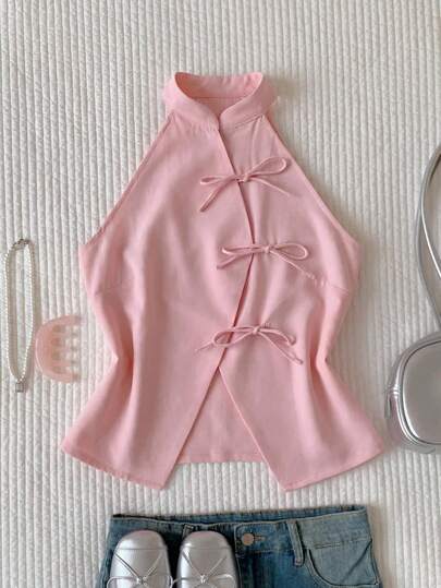 CovetEZ Blusa sin mangas con lazo y abertura frontal, estilo chino, rosa, linda y sexy para mujer