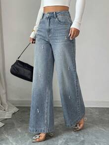 DAZY Quần jeans ống rộng nữ kiểu dáng thường ngày, chất liệu denim mài, đính đá lấp lánh, thích hợp cho mùa thu. - Màu xanh lam - Xem 5