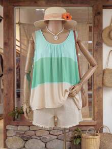 Zaforene Áo tank top phối màu cỡ lớn, phong cách thường ngày đi nghỉ mát, trang phục đồng quê cho nữ, trang phục đi biển cho nữ, phong cách đồng quê mùa hè cho nữ, trang phục mùa hè cho nữ, trang phục mùa xuân cho nữ, váy mùa hè, hàng mới về - Nhiều màu - Xem 3