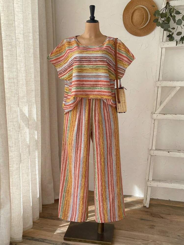 2pc Set Plus Size Women's Summer Casual Vacation Country Striped Batwing Sleeve Shirt And Wide Leg Pants Casual 2 Pieces Set,Casual Holiday Style,Summer Outfits For Women ,Vacation Outfits Women ,Holiday Outfits For Women,Going Out Outfits, New Clothes,Simple And Fashionable For Everyday Wear,Suitable For Summer, Vacation, Daily Wear, Festival Outfits For Women,Country Concert Outfit,Beach Outfits For Women,Western Style,,Gifts For Mother,Boho  Set,Modest Two Piece Set, Plus Size Summer Sets,Plus Size Pants Set,Boho Set,Boho Pants Set For Women,Wide Leg Pants Set,2 Piece Casual Sets Woman,Two Piece Set Women