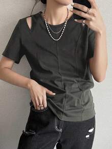 FRIFUL Women's Solid Color Slim Fit Casual Short Sleeve T-Shirt, Suitable For Spring And Summer - Dark Grey - View 4