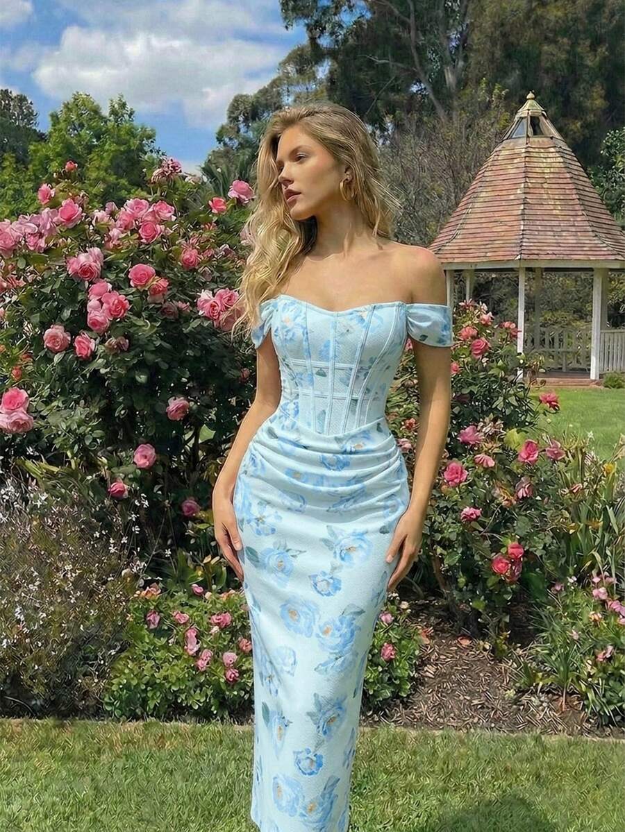 SHEIN MOD 女士粉色碎花露肩修身连衣裙 - 淺藍色 - 查看 1