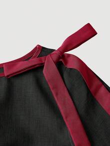 SHEIN MOD 女士撞色蝴蝶结装饰喇叭袖时尚衬衫 - 黑色 - 查看 4