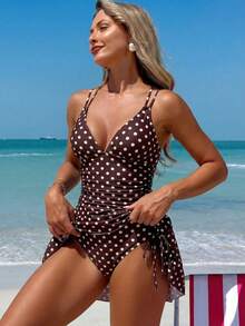 Swim Vcay Women's Summer Beach Floral Print Drawstring Criss-Cross V-Neck Ruffle Skort Swimsuit Cover Up - Brown - View 5
