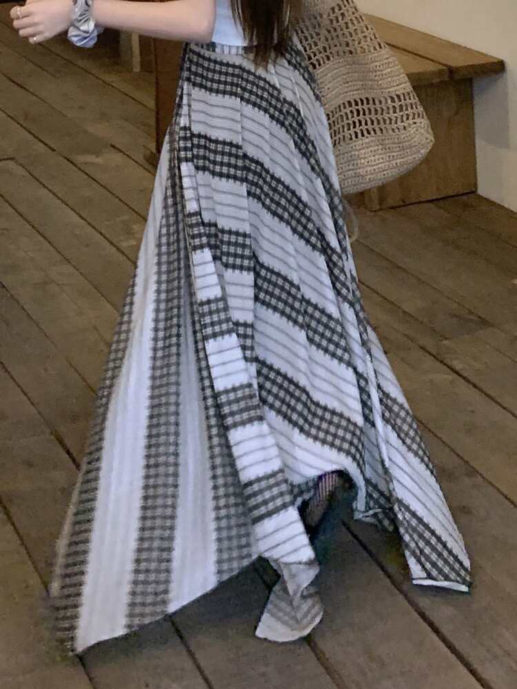 Elegant Flowy Loose Wide Hem Patchwork Plaid Fabric Women's Skirt, Spring & Summer