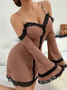 SHEIN 性感V领长袖露肩蕾丝拼接女士睡裙 - 咖啡棕 - 查看 4