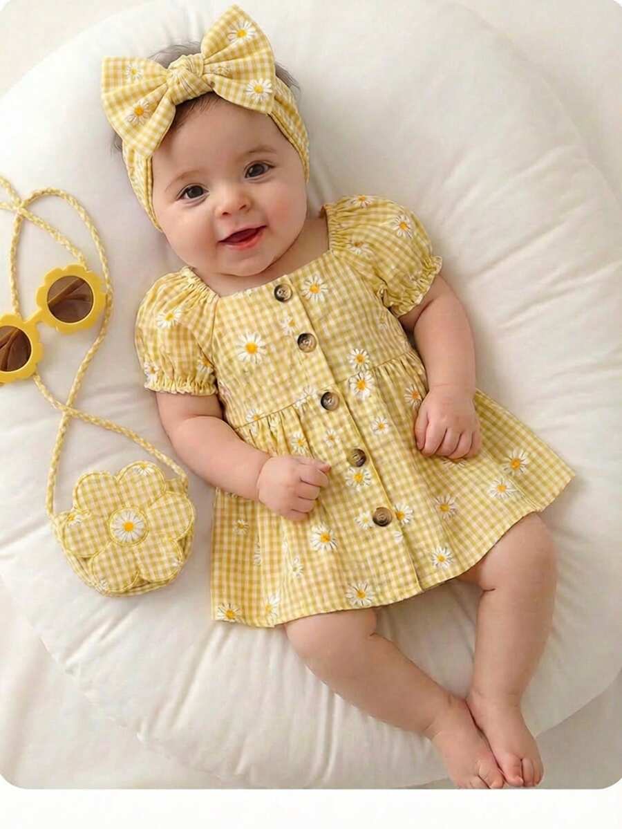 1-Piece Newborn Summer Cute Vacation Floral Pattern Bubble Short-Sleeve Square Neck Dress 1 Month Baby Girl Yellow Outfits For New Born Daisy Clothes - Yellow - View 1