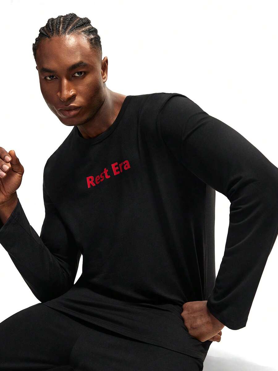 1pc Black Crew Neck Long Sleeve Sweatshirt,Autumn Casual Minimalist Style Rest Era Red Text Print Soft Skin-Friendly Pullover For Men - Black - View 1