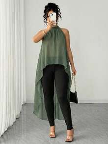 Elenzga Bộ đồ 2 mảnh dành cho nữ cỡ lớn, chất liệu chiffon, kiểu cổ yếm, thiết kế ngắn phía trước và dài phía sau, gồm áo và quần legging, thích hợp cho lễ tốt nghiệp, các ngày lễ, Ngày Valentine, lễ hội âm nhạc, Ngày của Mẹ, Halloween, Lễ Tạ ơn, Lễ Phục sinh, Ngày Quốc khánh, dạ hội, hẹn hò, tiệc tùng, đám cưới, dã ngoại. - Màu xanh lá cây đậm - Xem 3