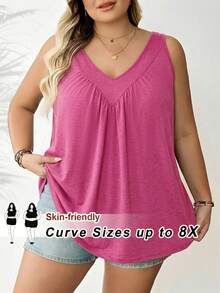 SHEIN CURVE+ 大码女式绿色V领宽松吊带背心 - 玫紅色 - 查看 1