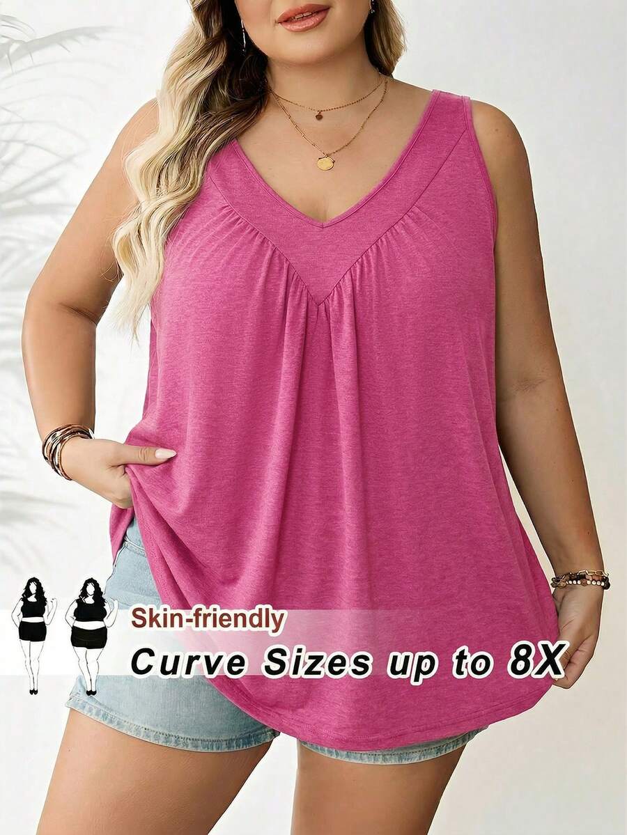 SHEIN CURVE+ 大码女式绿色V领宽松吊带背心 - 玫紅色 - 查看 1