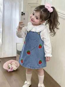 SHEIN Vintaside Kids 2pcs Baby Girls Casual Cute Collared Long Sleeve Shirt And Floral Decor Bib Pants Set, Suitable For Spring/Autumn Daily Wear - White - View 9
