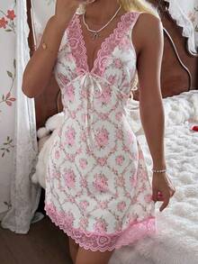 CottageSlumber Sweet Girl Floral Lace Patchwork Bow Back Mini Dress, Sexy Summer Vacation Chiffon Dress In Pink - Pink - View 4