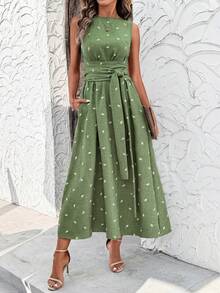 Editum Women's Elegant Boho Linen Floral Print Tie-Waist Sleeveless Long A-Line Vacation Dress, Summer Zanea Yisikado Green Floral - Mint Green - View 4