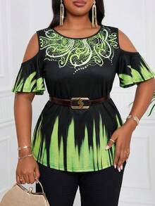 SHEIN Lady Camiseta de manga corta con cuello redondo y hombros descubiertos con estampado gráfico, para mujer de talla grande, blusas y tops de verano para mujer, blusas para mujer de talla grande, blusas con hombros descubiertos, blusas con estampados, tops de talla grande para mujer, blusas para mujer de talla grande, ropa de verano para mujer de talla grande, tops de talla grande Linhara, tiendas de ropa de talla grande para mujer en línea - Multicolor - Ver 6