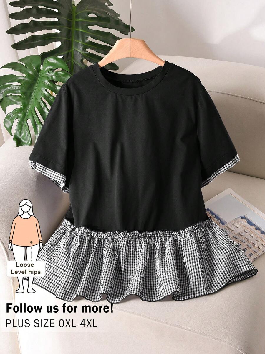 CosyJoli Plus Size Women Casual Top, Color Block Patchwork Top, Spring Summer Ladies Clothing - Black - View 1