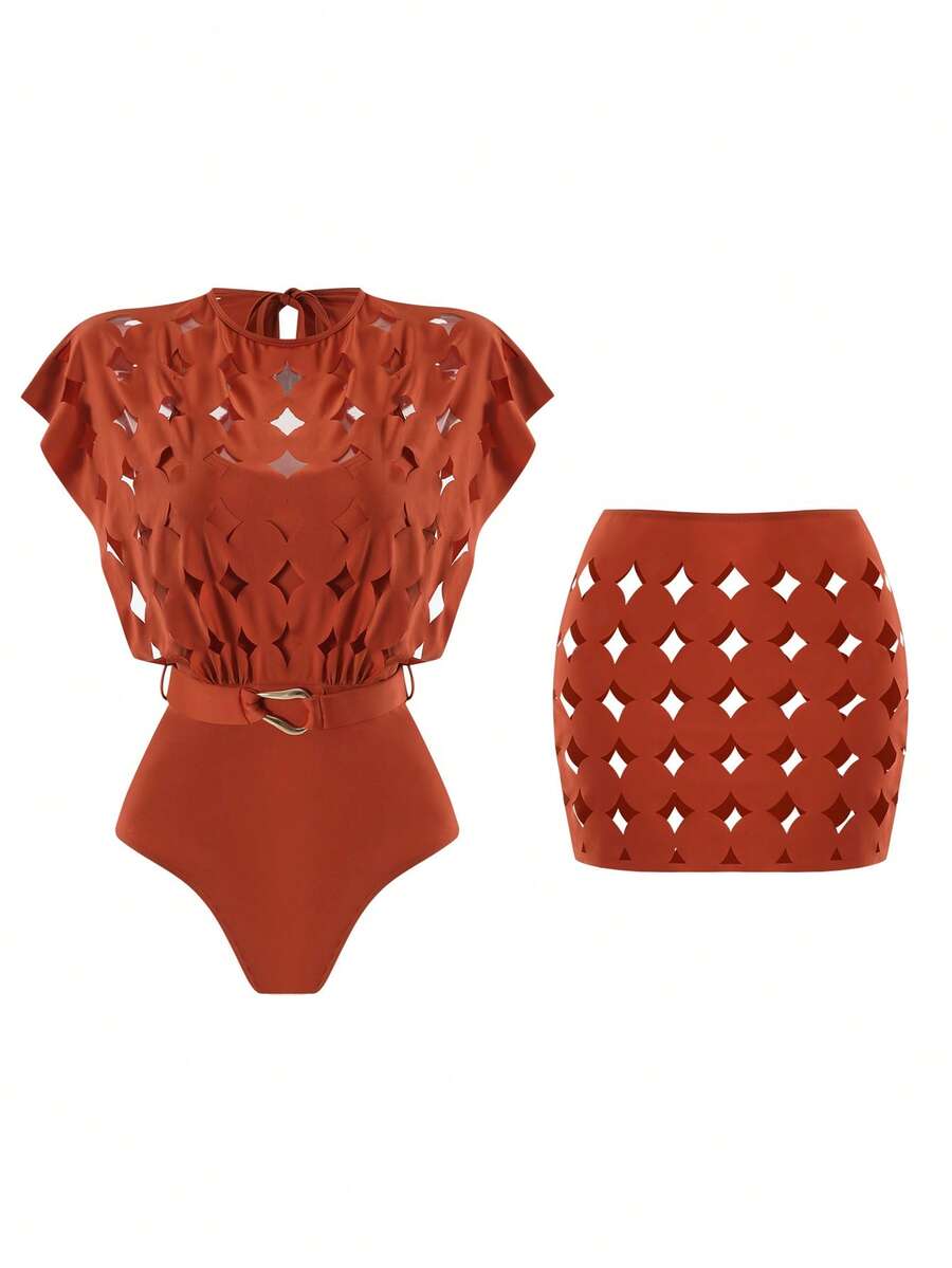 Swim Oasis Hollow-Out Solid Color Round Neck Women's Waist Belt Premium Set