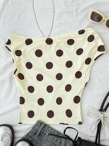 SHEIN Surprise Box[Random 3 Sets,Send 1 Set],Teen Girls' 90s Knit Polka Dot Print Asymmetric Ruched Cropped Top,Summer Vacation Minimalist Casual Daily Wear - Multicolor - View 3
