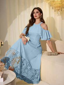 Modelyn Sweet & Youthful Yellow Elegant Ruffle Off-Shoulder Embroidered Patchwork Mid-Length Dress For Women - Blue - View 4