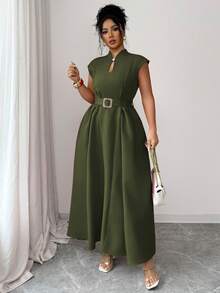 Elenzga 大码女装春夏法式浪漫西西里风优雅休闲通勤度假下午茶情人节派对纯色心形领无袖褶皱腰侧搭扣腰带收口下摆口袋长裙 - 軍綠色 - 查看 3