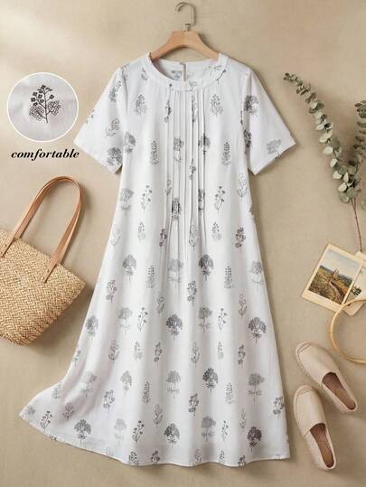 Rusticease Đầm dài ngang gối in họa tiết cây cỏ phong cách thường ngày dành cho nữ, thích hợp cho kỳ nghỉ.