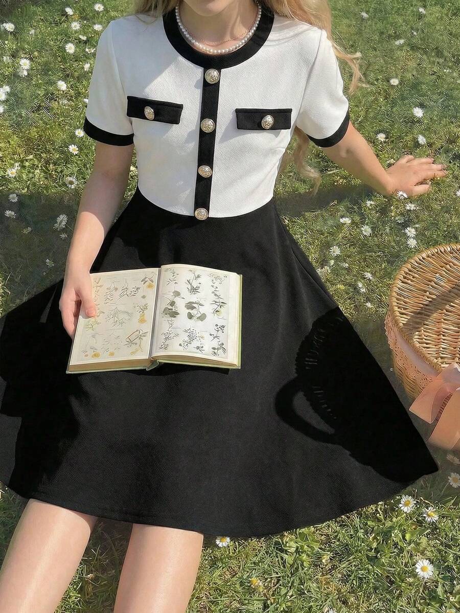 SHEIN 少女撞色系带金属扣装饰短袖A字连衣裙 - 黑與白 - 查看 1