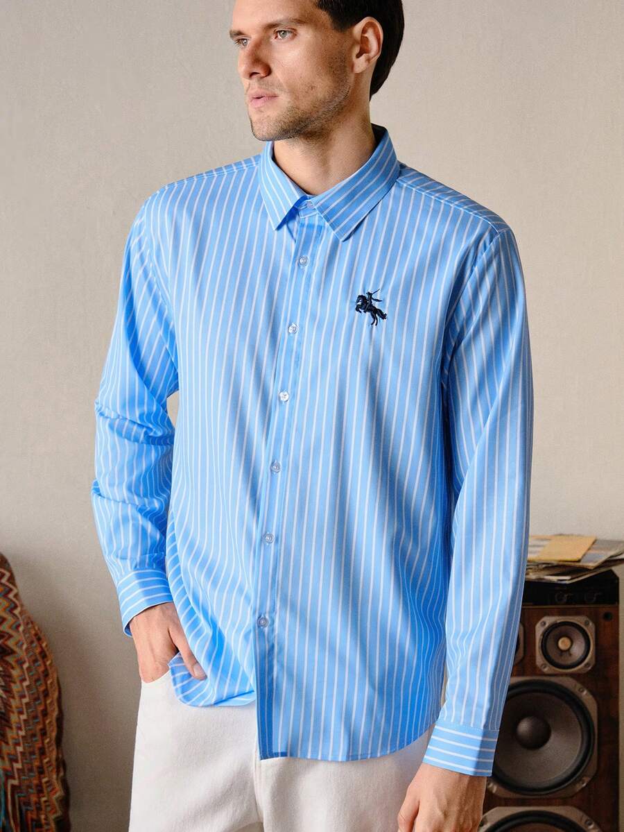 VeloEdit Men's Business Casual Long Sleeve Striped Shirt For Men Nice Shirts For Business Casual Shirts Shirts Casual Slim Fit Shirts For Man, Embroidered Carolina Blue Baby Blue For Blue Blue Dress For Old Money, Father's Day Gift For Father & Boyfriend - Baby Blue - View 1