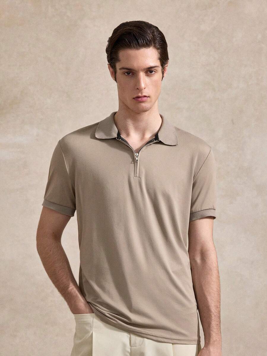 Courvante Áo thun có cổ Nam Dây kéo màu trơn Giải trí - Màu nâu  Mocha - Xem 1