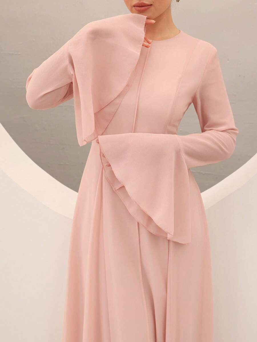 Graceveil Pink Chiffon Ruffle Long Sleeve Elegant Vacation Evening Dress For Women - Pink - View 1