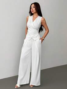 SHEIN PETITE Women's Suits, Elegant For Commuting In Fall/Winter - White - View 3