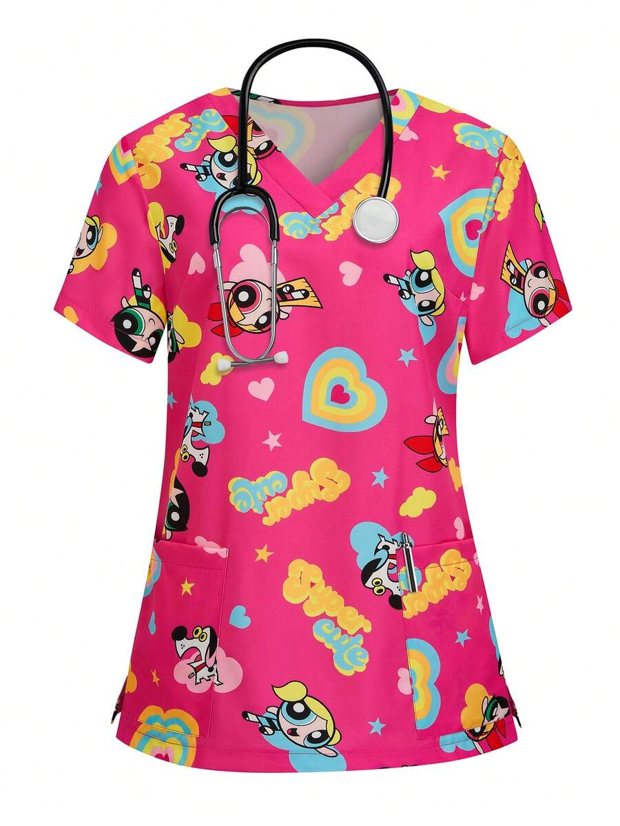 PopScrub THE POWERPUFF GIRLS X SHEIN Áo đồng phục y tế cổ chữ V in họa tiết trái tim và cầu vồng rực rỡ dành cho nữ, sản phẩm hợp tác với thương hiệu hoạt hình. - Màu Hồng Tươi - Xem 1