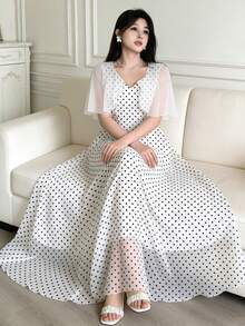 Modelyn 黑色波点印花长款连衣裙，时尚V领荷叶边肩部设计长裙，夏季收腰双层优雅长款连衣裙，适合夏季度假和日常穿着，白色波点雪纺连衣裙 - 彩色 - 查看 1
