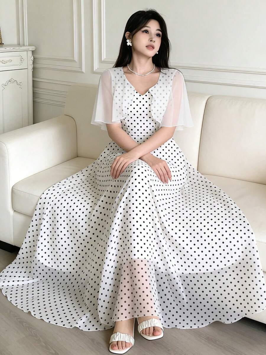 Modelyn 黑色波点印花长款连衣裙，时尚V领荷叶边肩部设计长裙，夏季收腰双层优雅长款连衣裙，适合夏季度假和日常穿着，白色波点雪纺连衣裙 - 彩色 - 查看 1