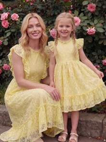 Elladie kids Blue Butterfly,Summer,Flower Girl Spring Dress For Young Girls,Rose Beige Lace Floral Fabric,Flutter Sleeves,Ruffle Hem,Chic Formal Elegant Outfit - Yellow - View 4