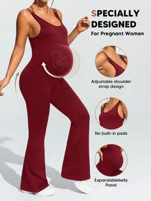 SHEIN Maternity Solid Color Sports Camisole Jumpsuit,Word Cup - Burgundy - View 3