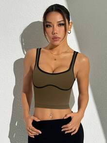 Slayform Women's Contrast Binding Cropped Sports Tank Top, Suitable For Yoga, Cycling, Tennis - Cocoa - View 4