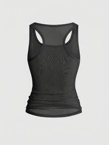 ROMWE Avant 音乐节黑色透视旗帜交叉露脐性感网眼背心（女款） - 黑色 - 查看 2
