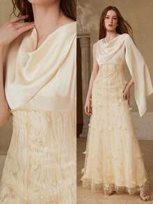 MOTF PREMIUM WOMEN'S ELEGANT LACE PATCHWORK MERMAID HEM LONG DRESS, SPRING/SUMMER - Apricot - View 8