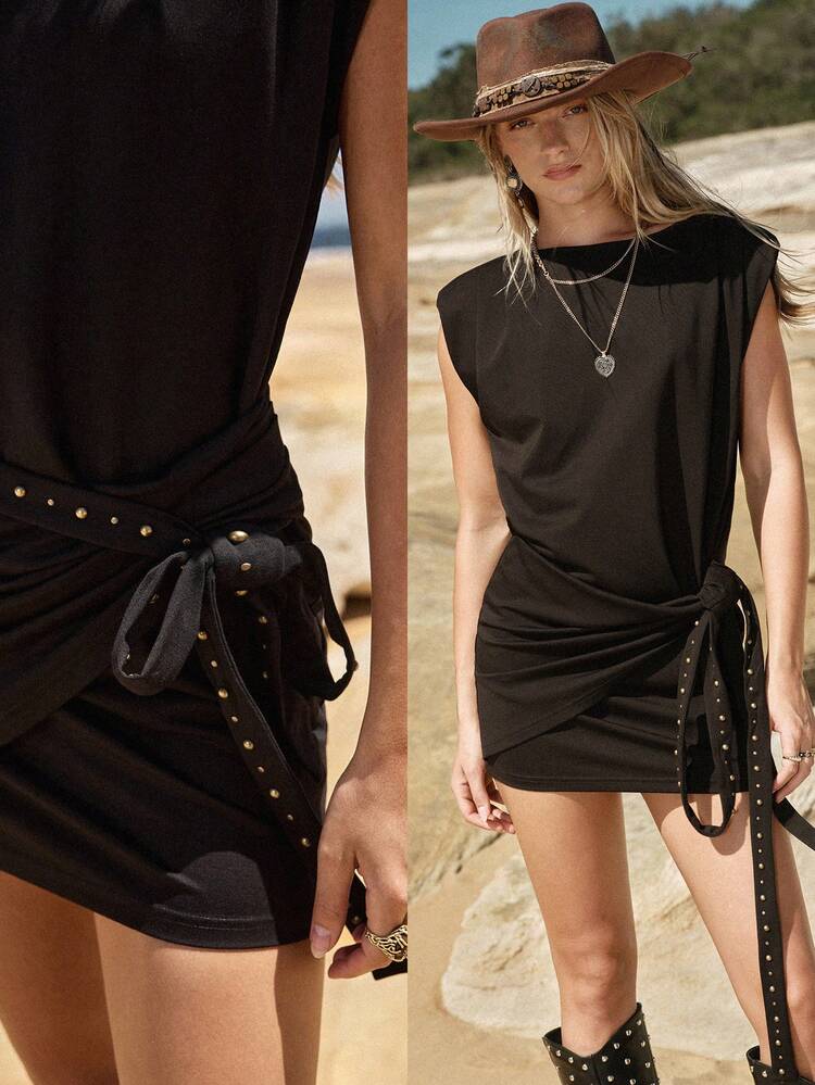 MOTF STUDIO WOMEN'S KNITTED TIE FRONT FITTED STUDDED WIDE SHOULDER MINI DRESS