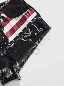 ROMWE Street Life Spring/Summer Women's Y2K Sexy Baddie Punk Rivet Decor Flag Print Frayed Hem Super Low Waist Denim Micro Shorts Independence Day Swimming Pastal - Black - View 4